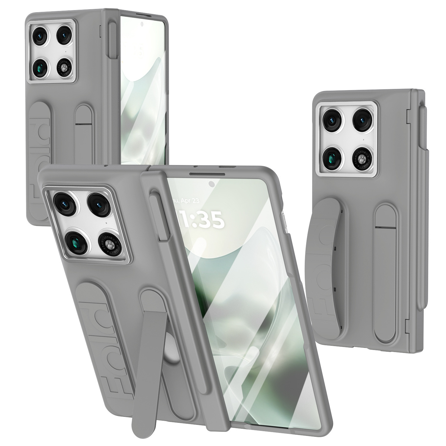 Compatible Motorola Razr Fold phone case with pen slot, card slot, hinge, and screen protector.