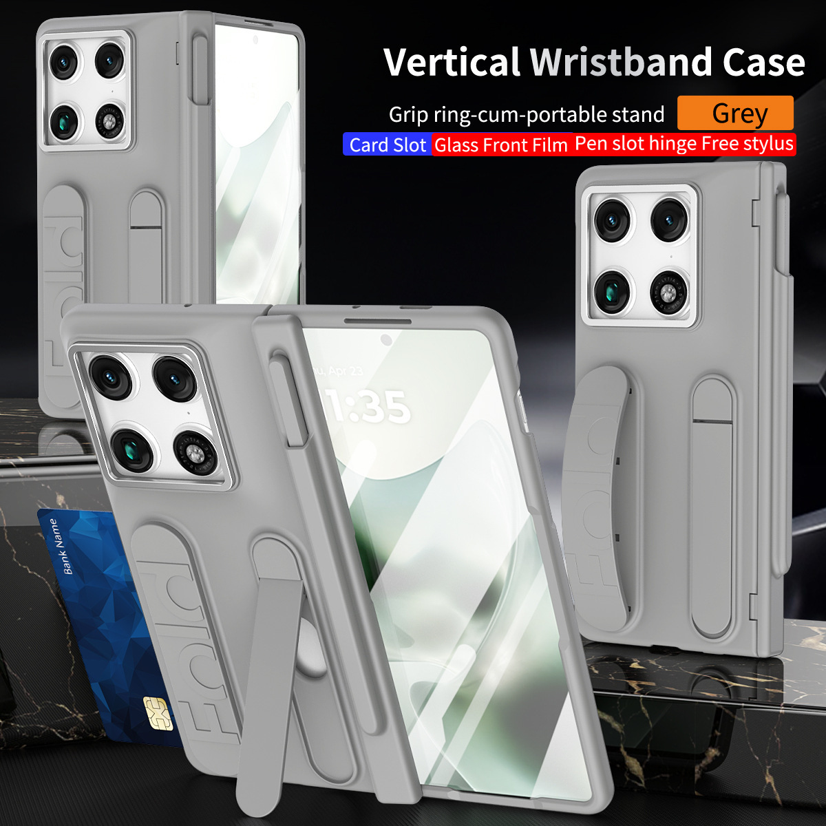 Compatible Motorola Razr Fold phone case with pen slot, card slot, hinge, and screen protector.