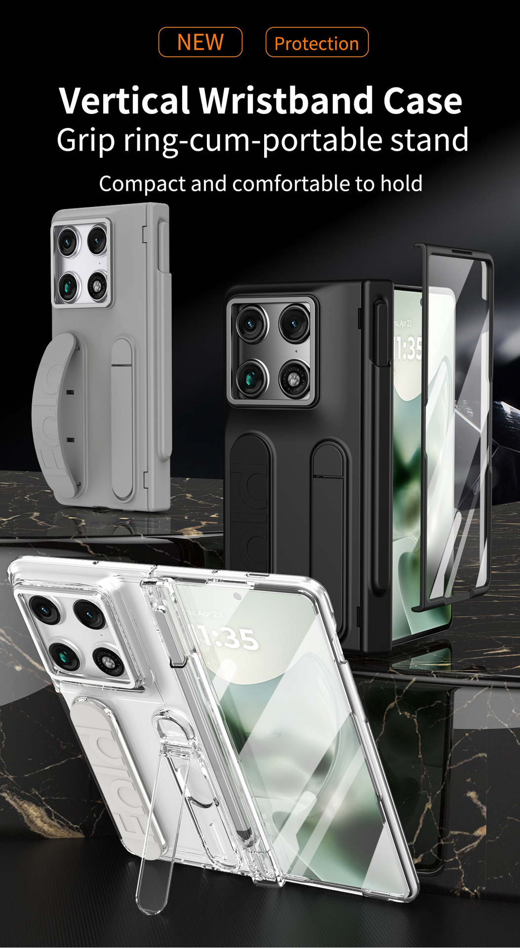 Compatible Motorola Razr Fold phone case with pen slot, card slot, hinge, and screen protector.