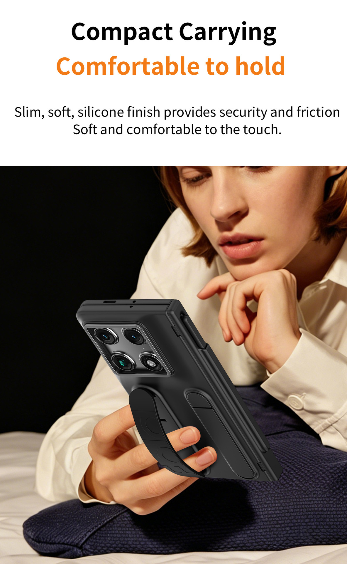 Compatible Motorola Razr Fold phone case with pen slot, card slot, hinge, and screen protector.