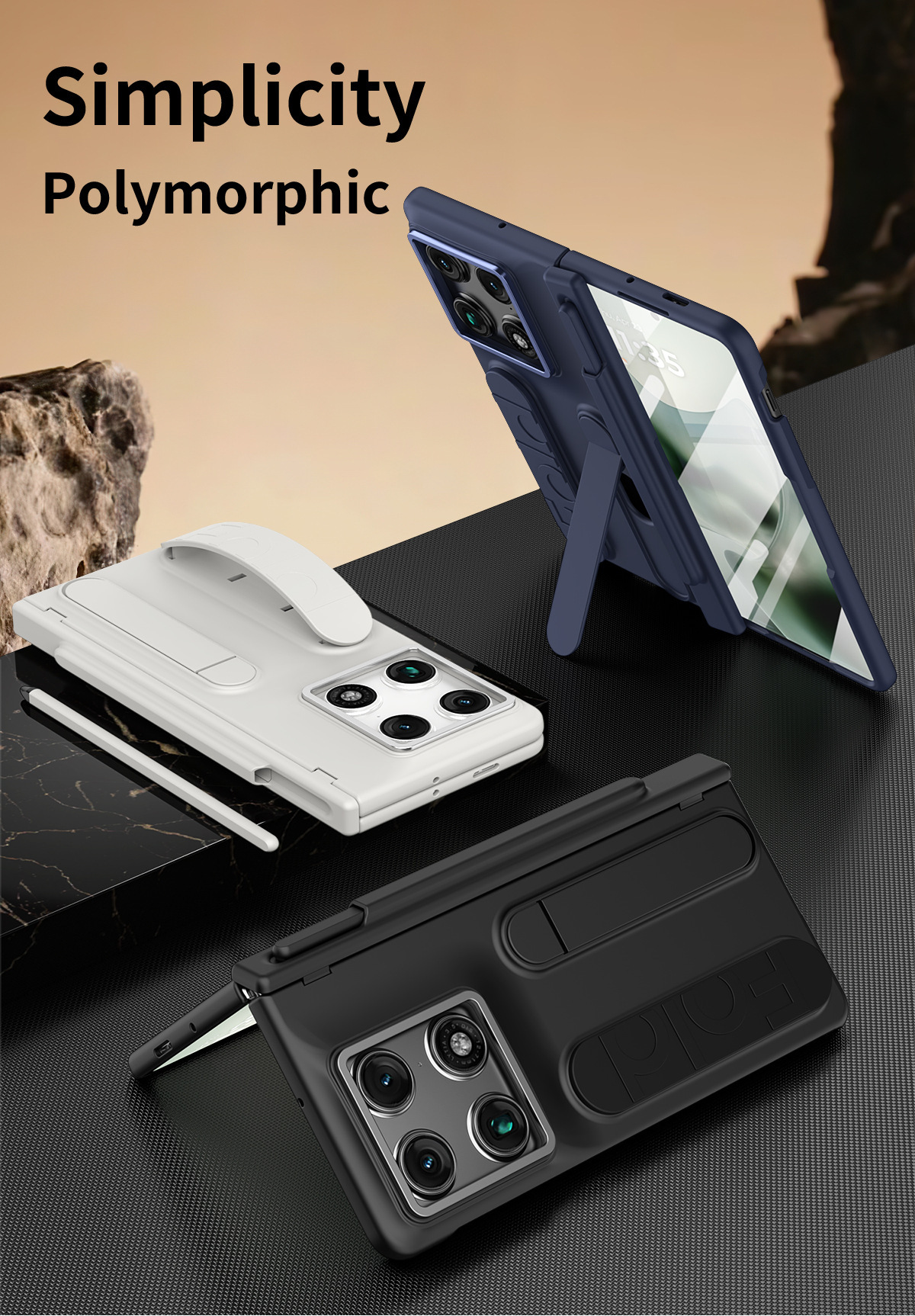 Compatible Motorola Razr Fold phone case with pen slot, card slot, hinge, and screen protector.