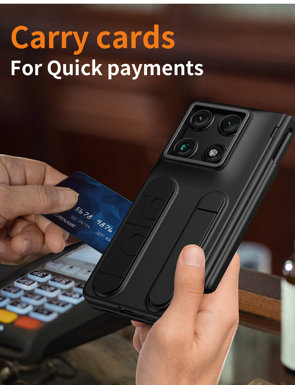 Compatible Motorola Razr Fold phone case with pen slot, card slot, hinge, and screen protector.