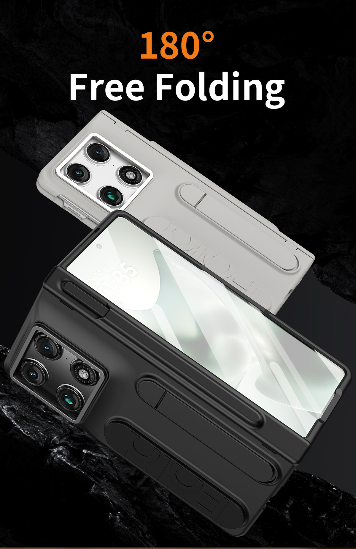 Compatible Motorola Razr Fold phone case with pen slot, card slot, hinge, and screen protector.
