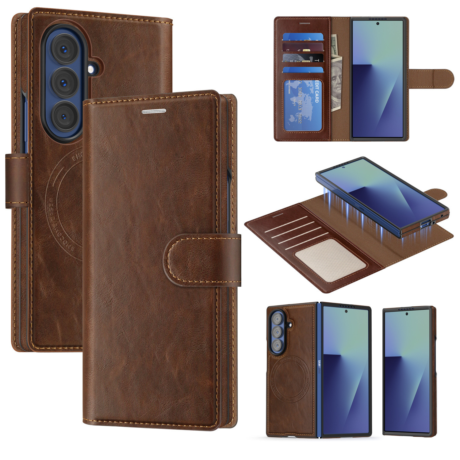 Compatible with Samsung Z Fold7/8 Ultra phone case, 6/5cm wireless charging magnetic flip case, 4/3cm SIM card slot, full-coverage leather case.