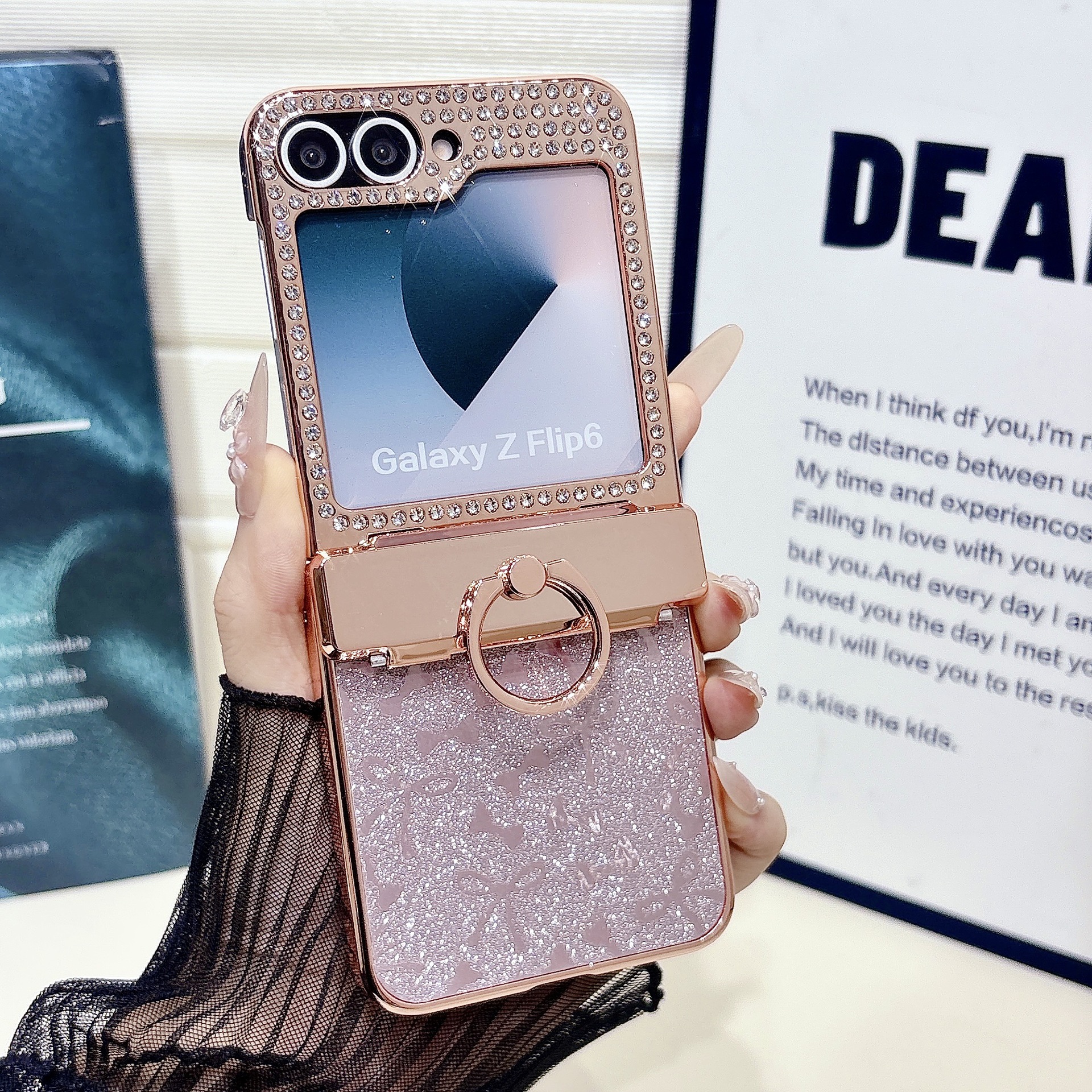Compatible with Samsung Z Flip 8/7 phone case 6/5 bow glitter hinge ring stand drop protection case