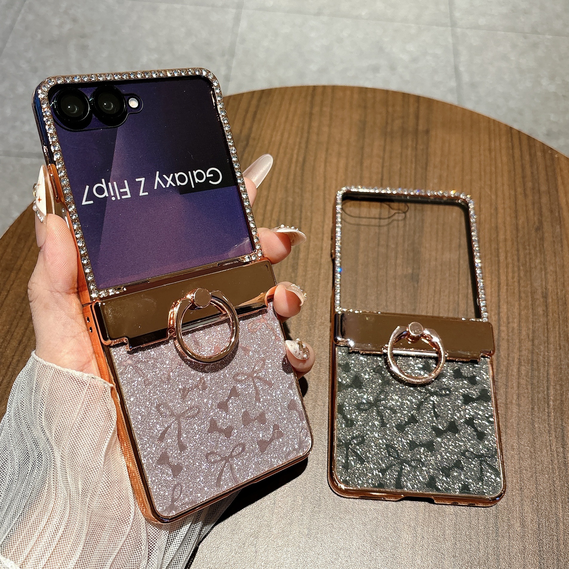 Compatible with Samsung Z Flip 8/7 phone case 6/5 bow glitter hinge ring stand drop protection case