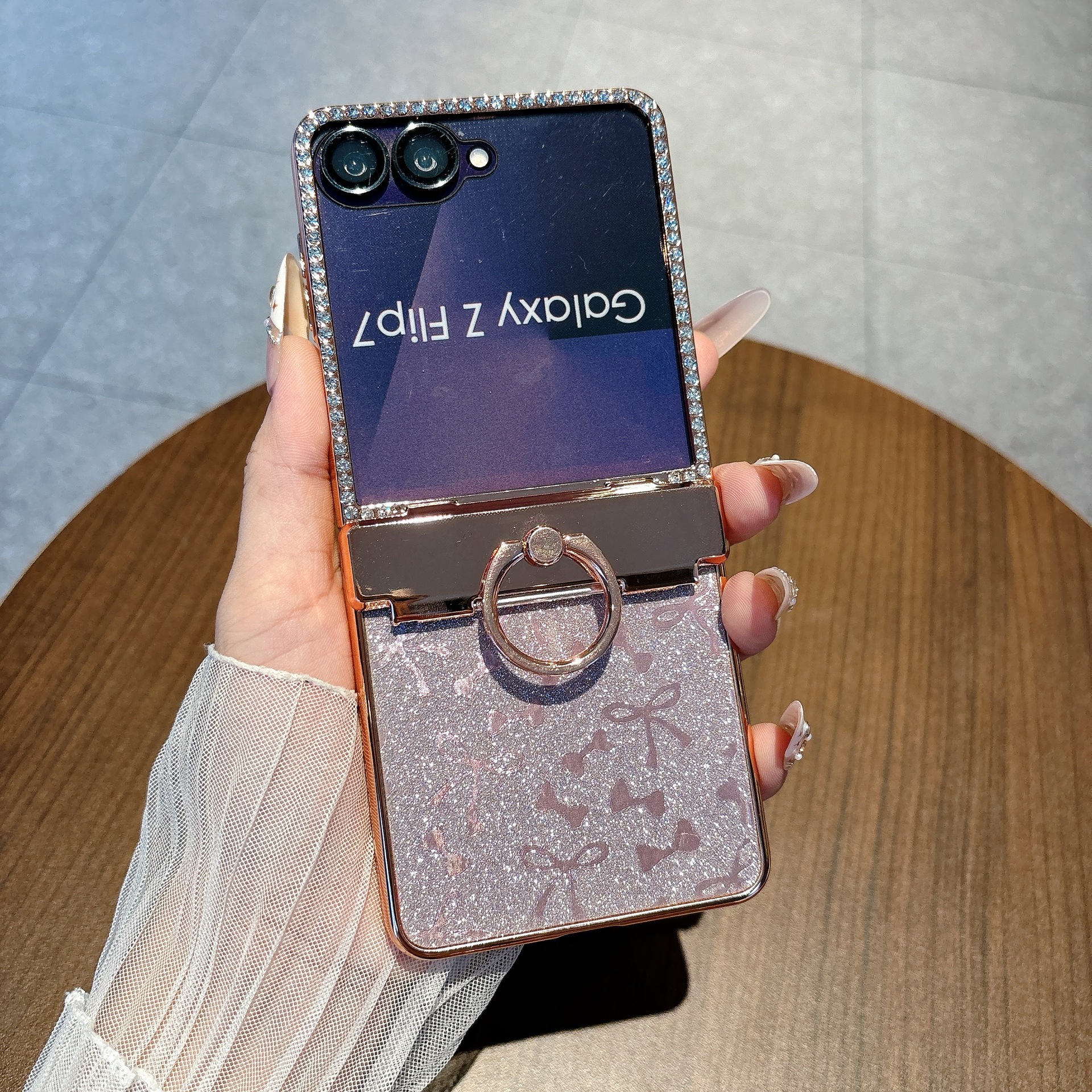 Compatible with Samsung Z Flip 8/7 phone case 6/5 bow glitter hinge ring stand drop protection case