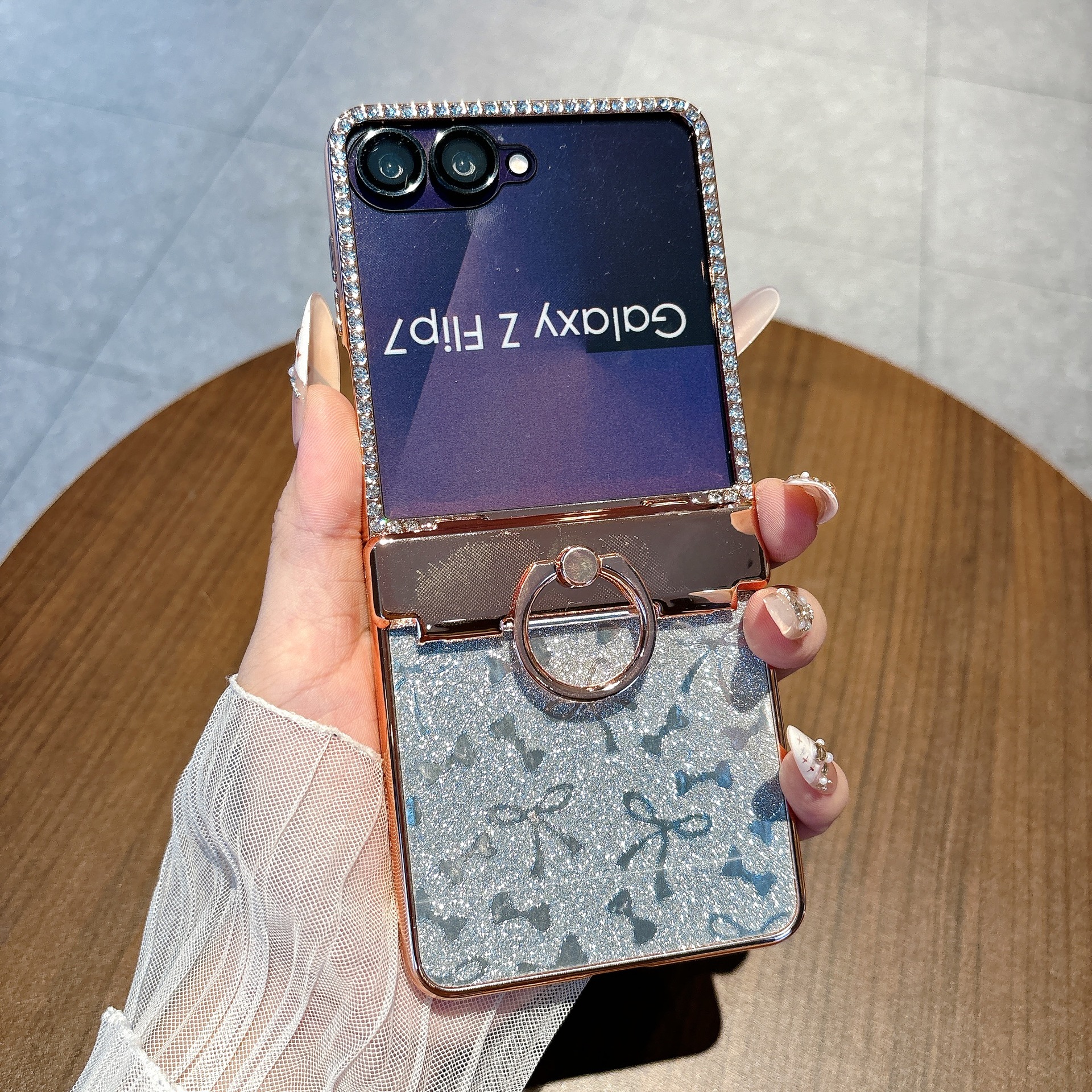 Compatible with Samsung Z Flip 8/7 phone case 6/5 bow glitter hinge ring stand drop protection case