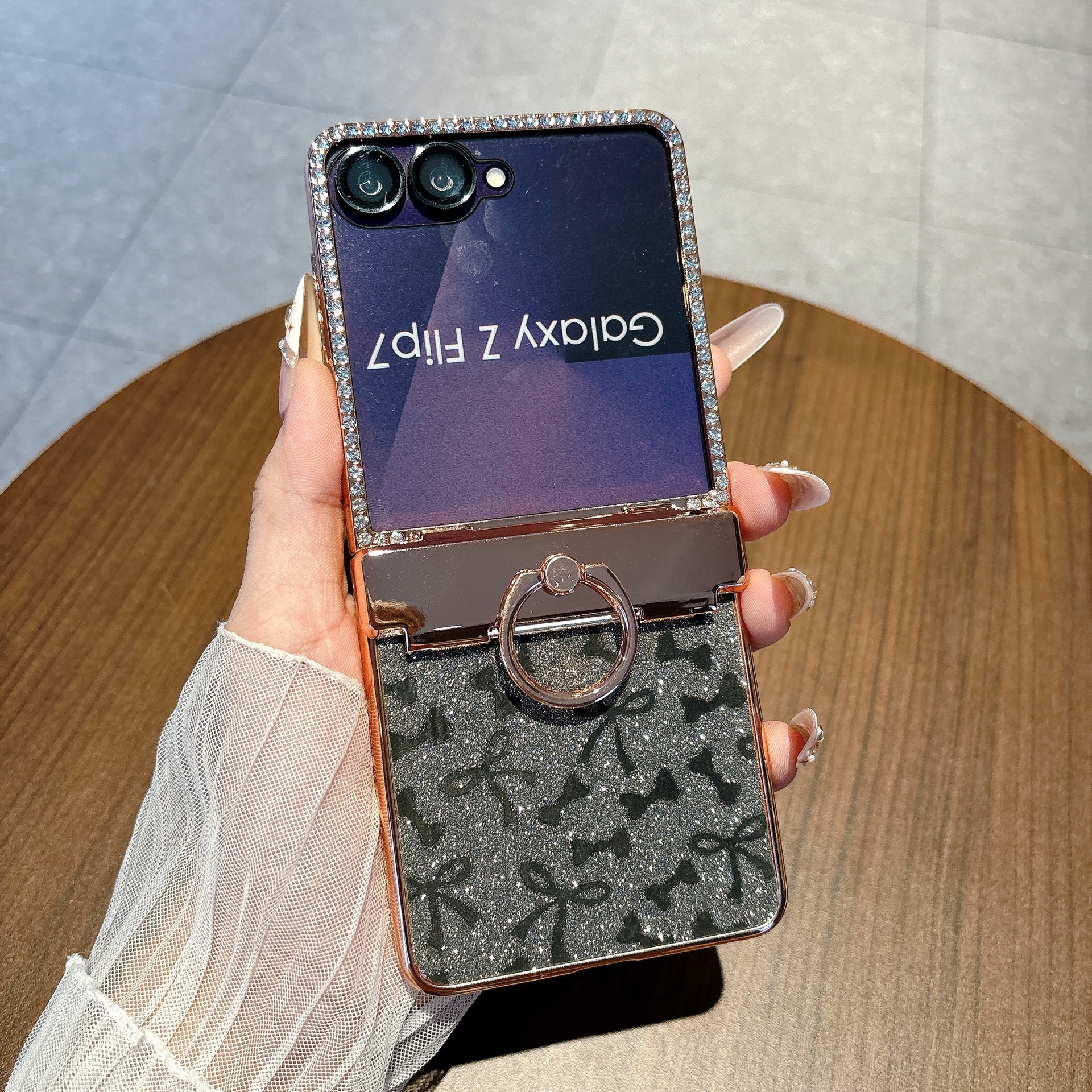 Compatible with Samsung Z Flip 8/7 phone case 6/5 bow glitter hinge ring stand drop protection case