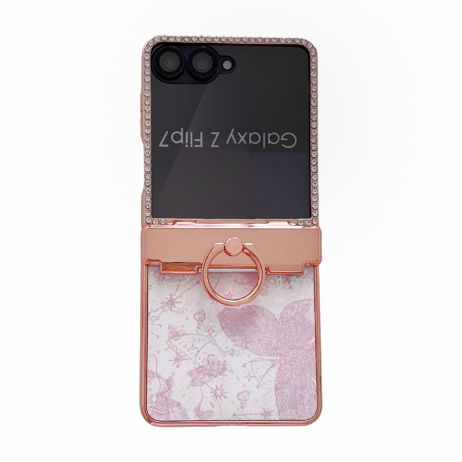 Compatible with Samsung Z Flip8 phone case 7/6/5, electroplated ring holder, vegan leather, rhinestone-studded hinge, full-coverage protective case