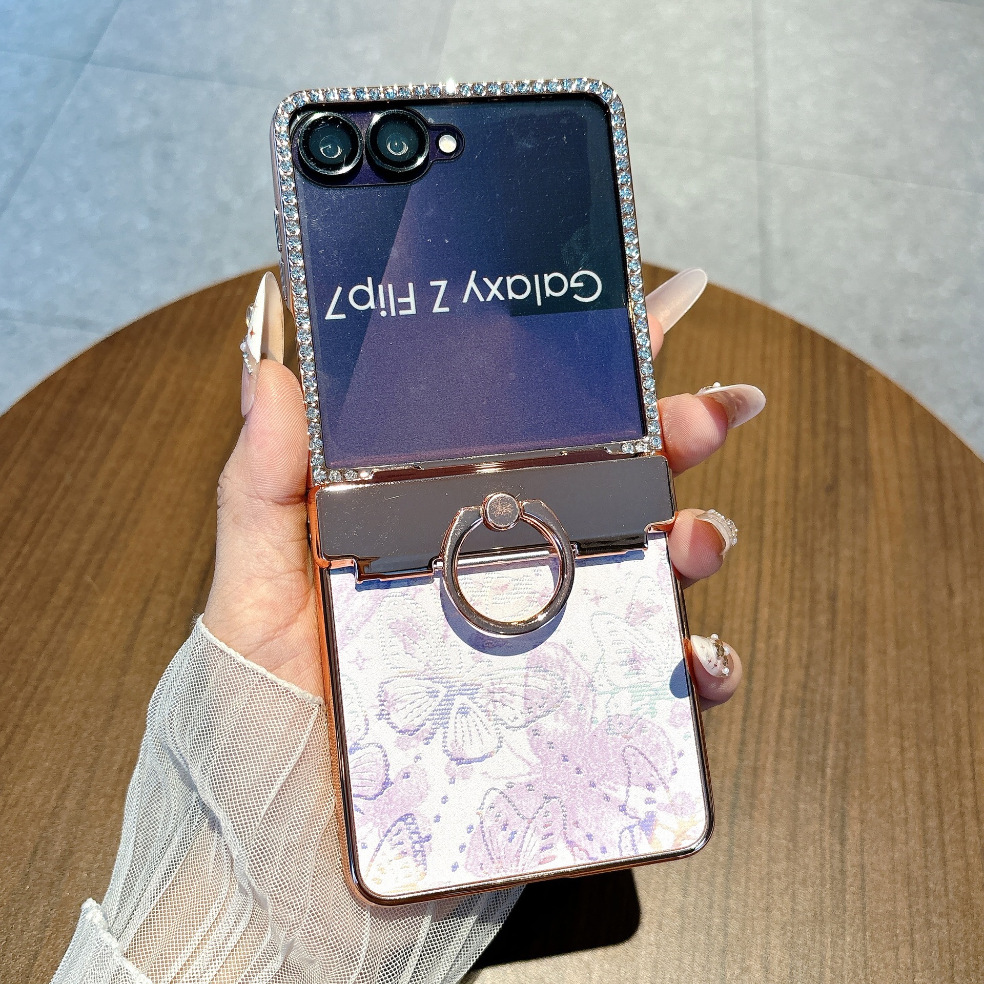 Compatible with Samsung Z Flip8 phone case 7/6/5, electroplated ring holder, vegan leather, rhinestone-studded hinge, full-coverage protective case