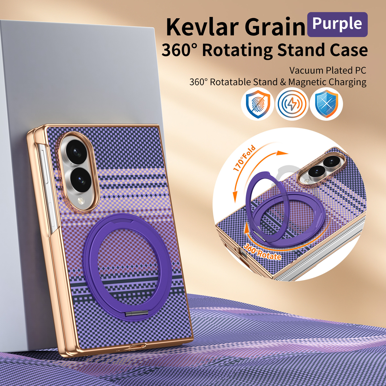 Compatible with Samsung Z Fold8 phone case, 7/6 rotating magnetic stand, wireless charging, Kevlar coated protective case