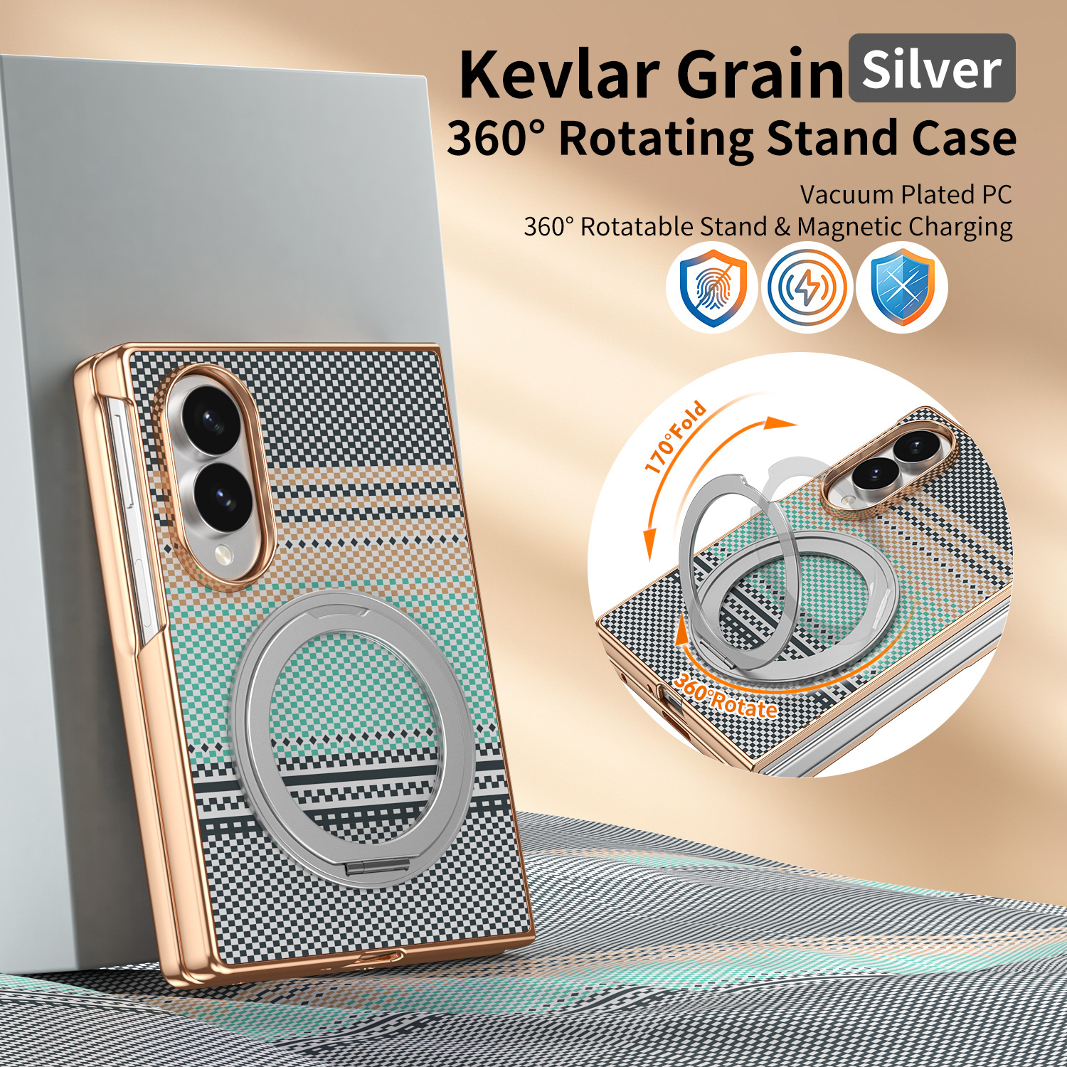 Compatible with Samsung Z Fold8 phone case, 7/6 rotating magnetic stand, wireless charging, Kevlar coated protective case