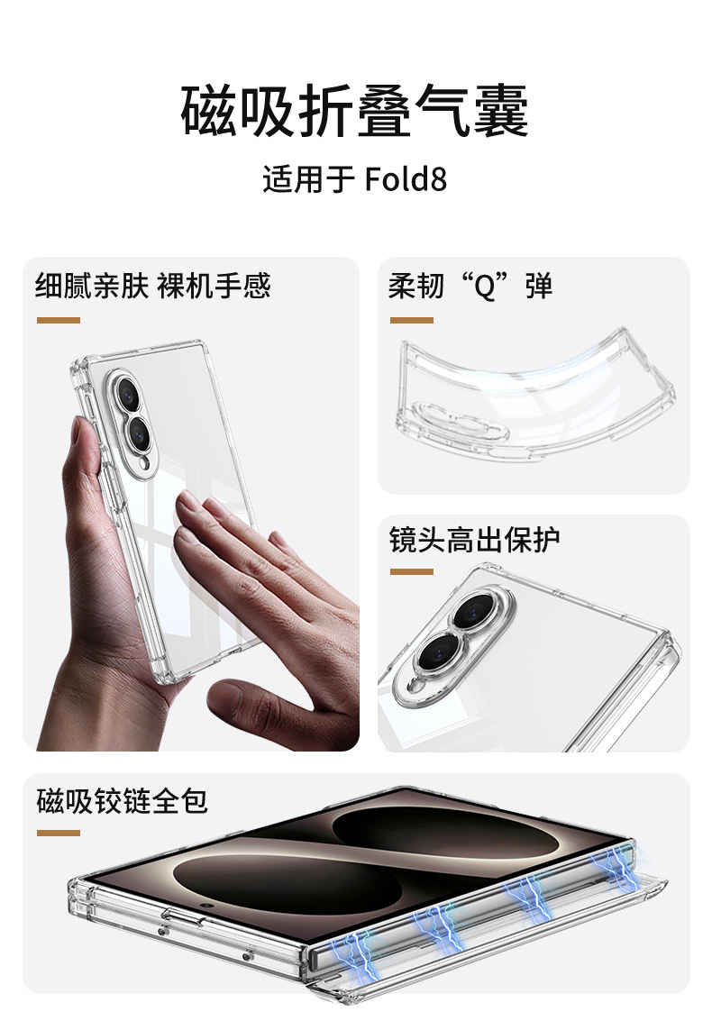 Compatible with Samsung Z Fold8 transparent phone case, magnetic center axis, four corner airbags, drop protection, foldable screen, single back cover.