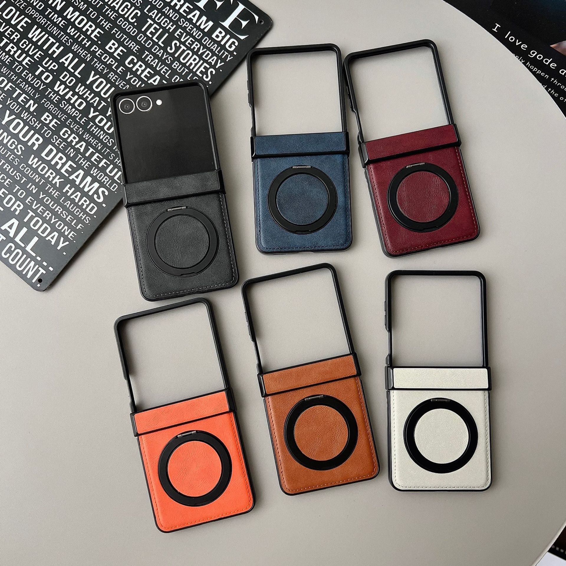 Compatible with Samsung ZFlip 8/7 phone case, magnetic rotating stand, wireless charging, 6/5 vegan leather, drop-proof, 4/3 protective case