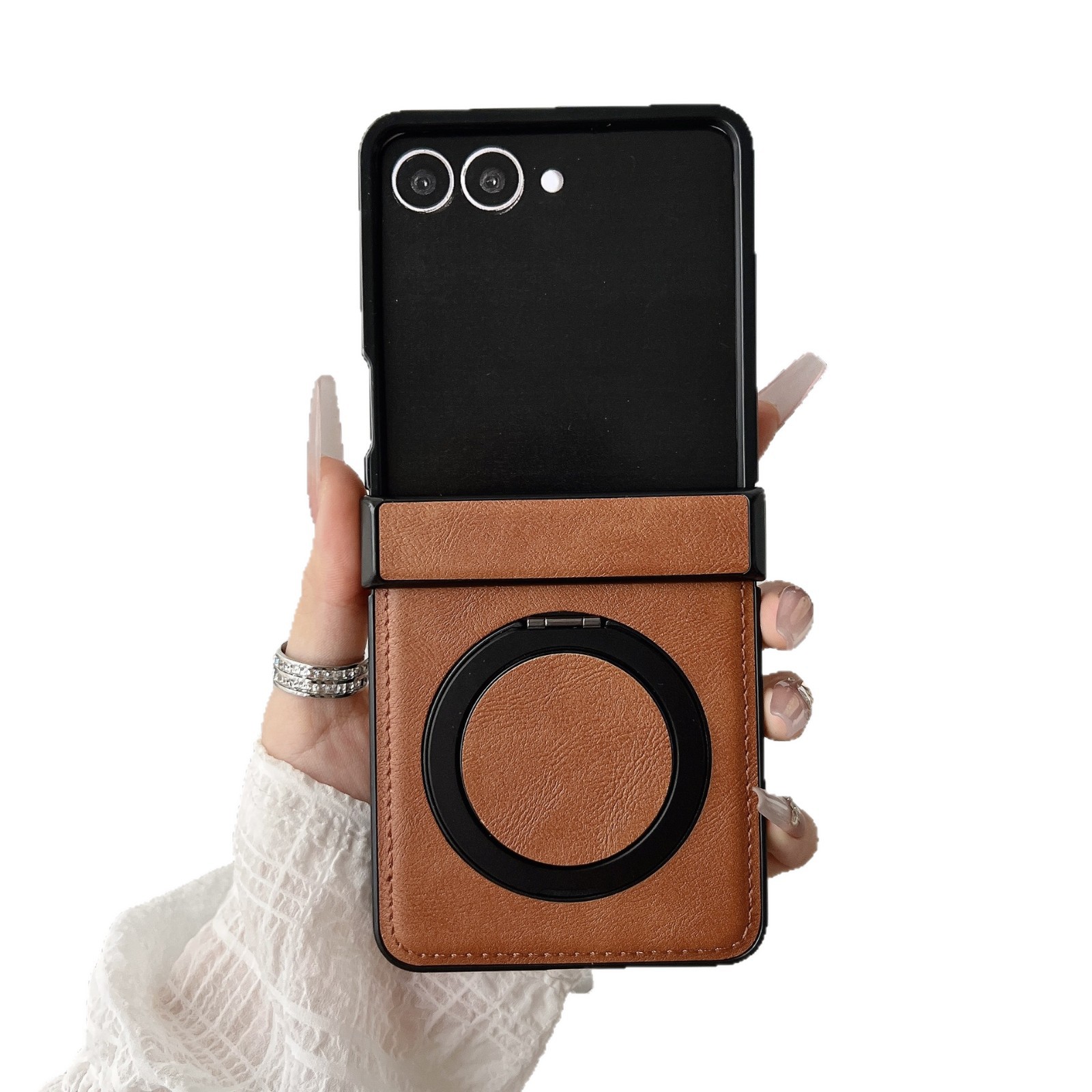 Compatible with Samsung ZFlip 8/7 phone case, magnetic rotating stand, wireless charging, 6/5 vegan leather, drop-proof, 4/3 protective case