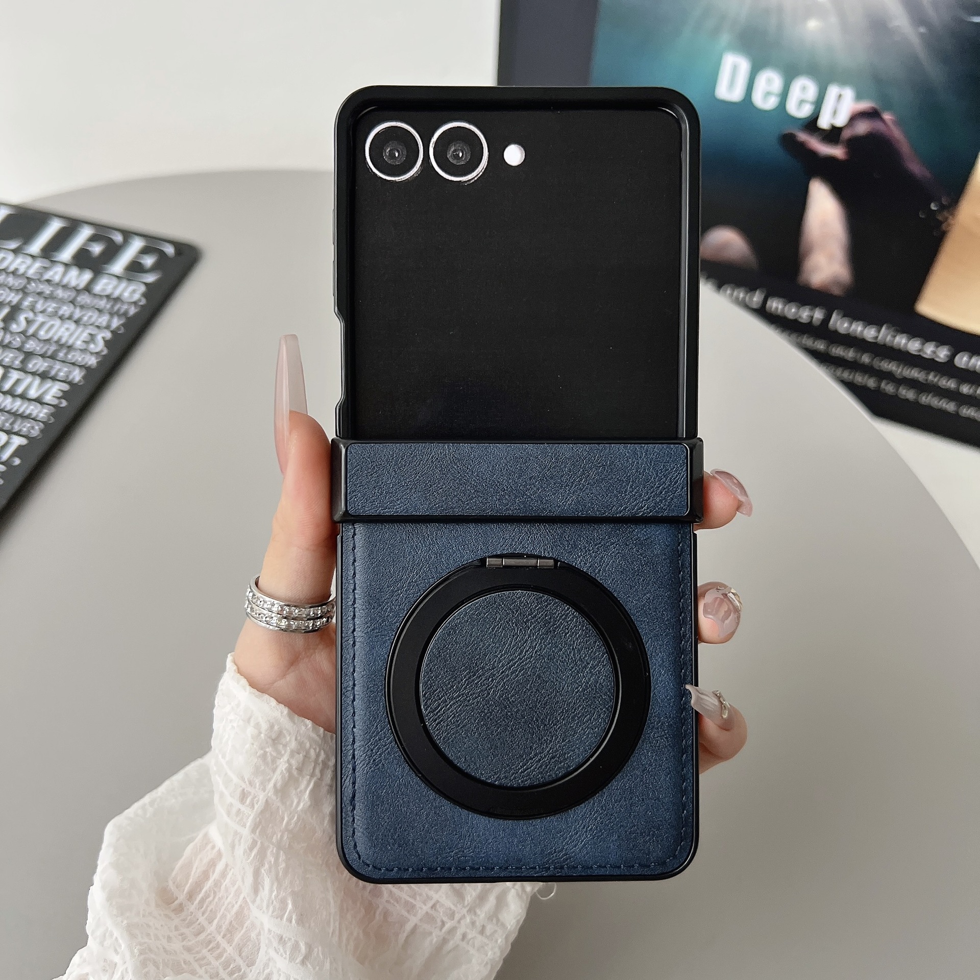 Compatible with Samsung ZFlip 8/7 phone case, magnetic rotating stand, wireless charging, 6/5 vegan leather, drop-proof, 4/3 protective case