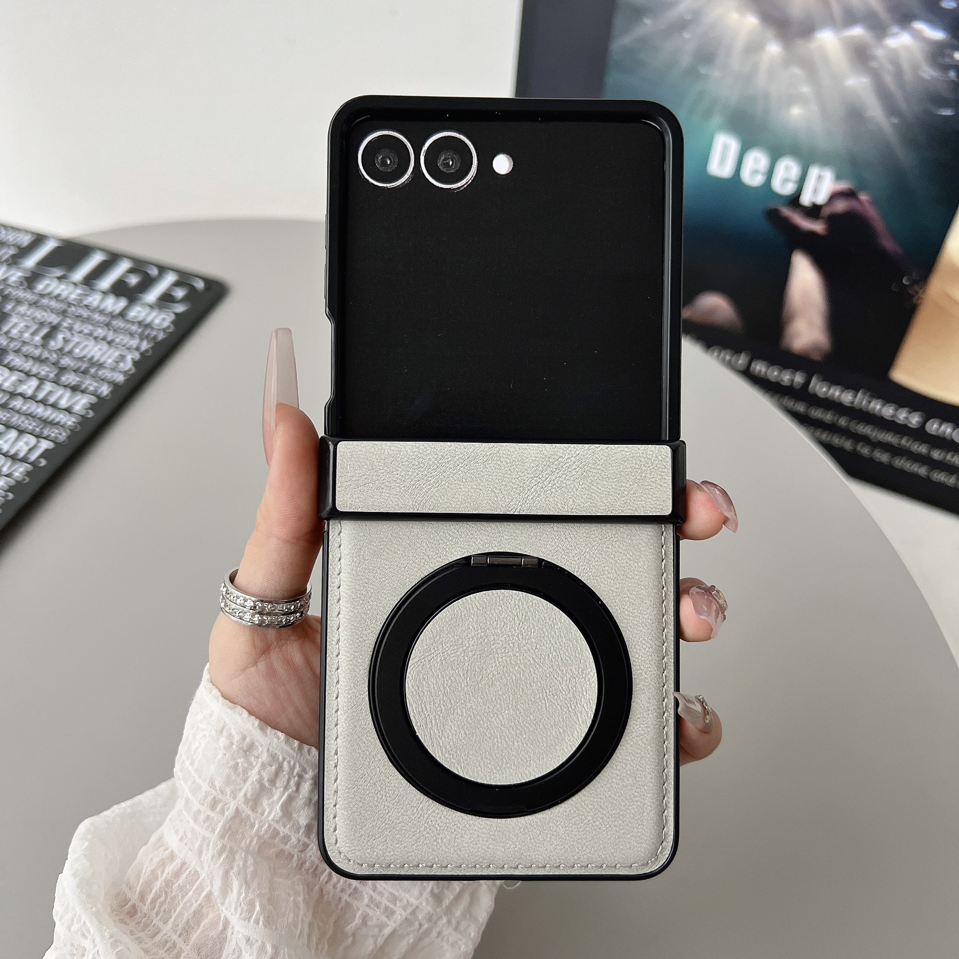 Compatible with Samsung ZFlip 8/7 phone case, magnetic rotating stand, wireless charging, 6/5 vegan leather, drop-proof, 4/3 protective case