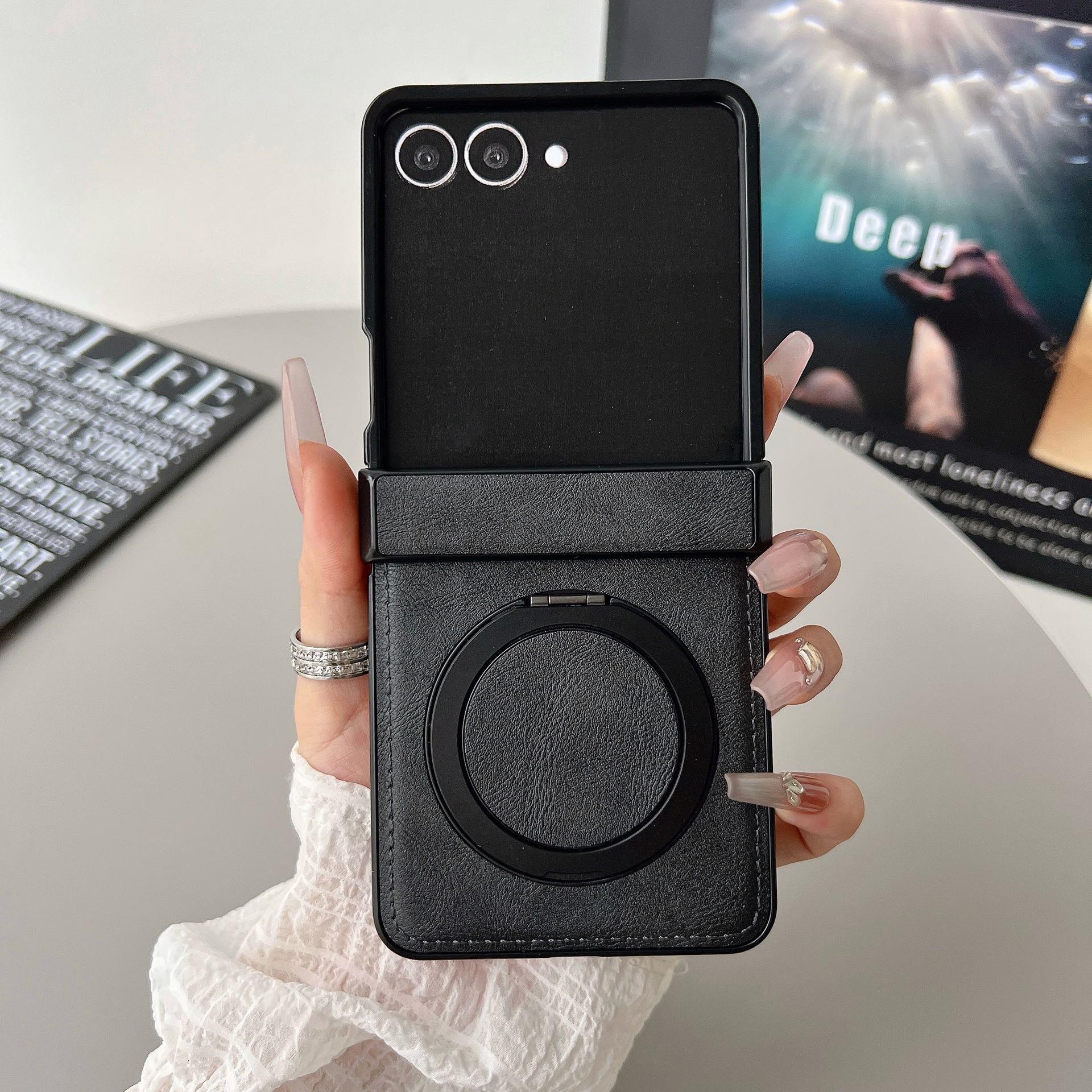 Compatible with Samsung ZFlip 8/7 phone case, magnetic rotating stand, wireless charging, 6/5 vegan leather, drop-proof, 4/3 protective case