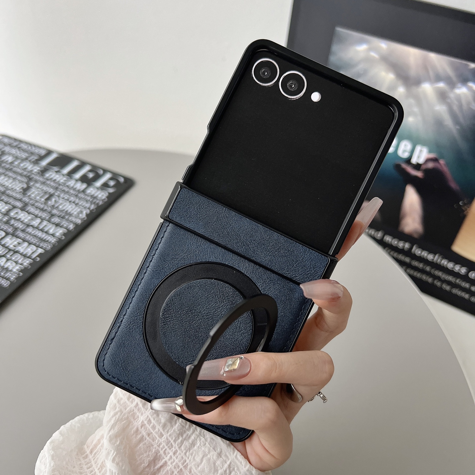 Compatible with Samsung ZFlip 8/7 phone case, magnetic rotating stand, wireless charging, 6/5 vegan leather, drop-proof, 4/3 protective case