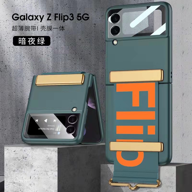 Compatible with Samsung Z Flip 7/6/5 phone case, 4/3 ultra-thin case, screen protector, letter wristband stand, drop-proof protective case.