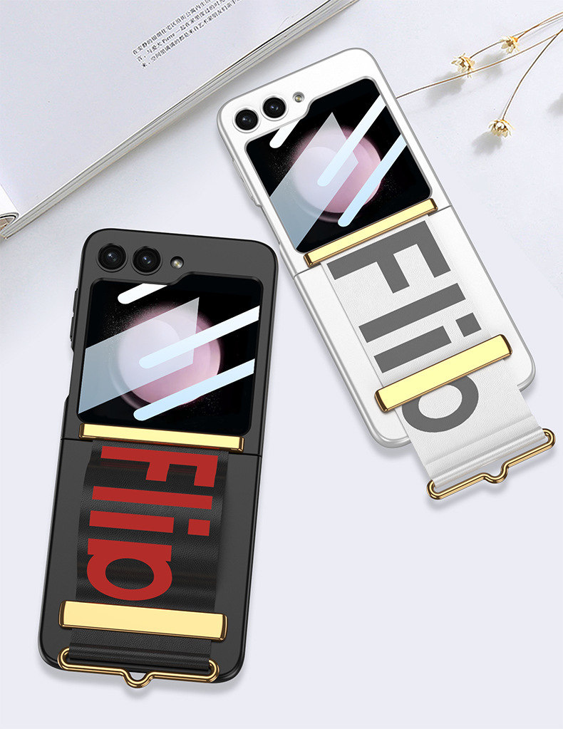 Compatible with Samsung Z Flip 7/6/5 phone case, 4/3 ultra-thin case, screen protector, letter wristband stand, drop-proof protective case.