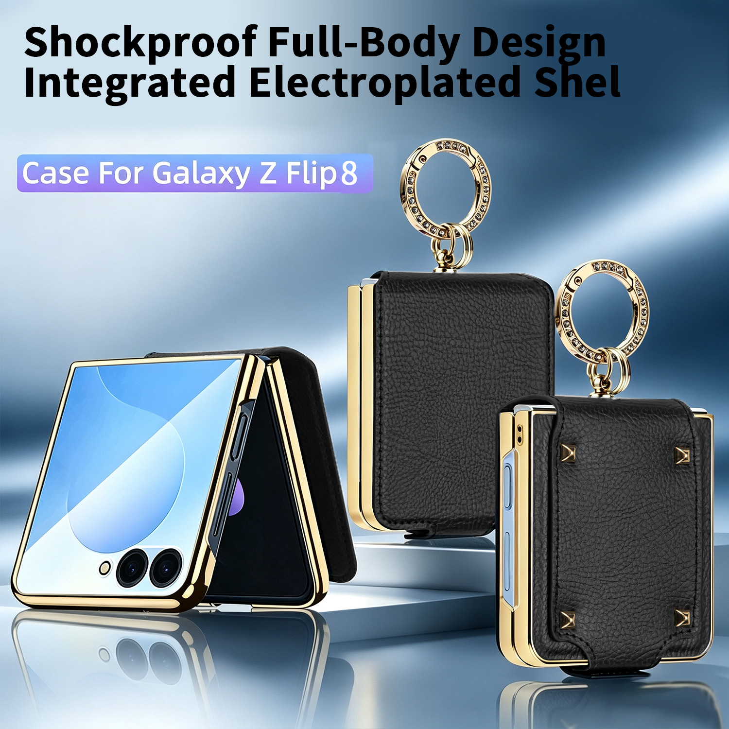 Compatible with Samsung Z Flip 8/7 phone case, 6/5 electroplated leather, ring holder, screen protector, full-coverage drop-proof protective case.