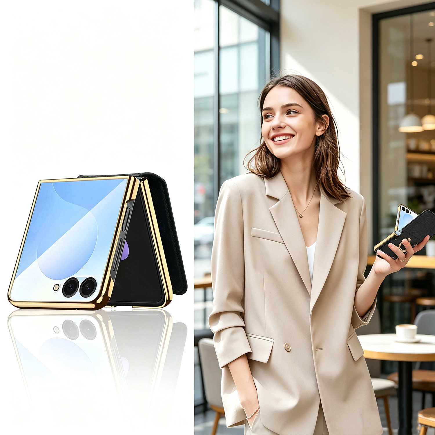 Compatible with Samsung Z Flip 8/7 phone case, 6/5 electroplated leather, ring holder, screen protector, full-coverage drop-proof protective case.