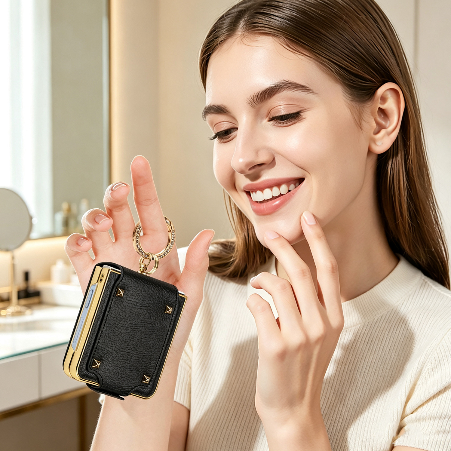 Compatible with Samsung Z Flip 8/7 phone case, 6/5 electroplated leather, ring holder, screen protector, full-coverage drop-proof protective case.