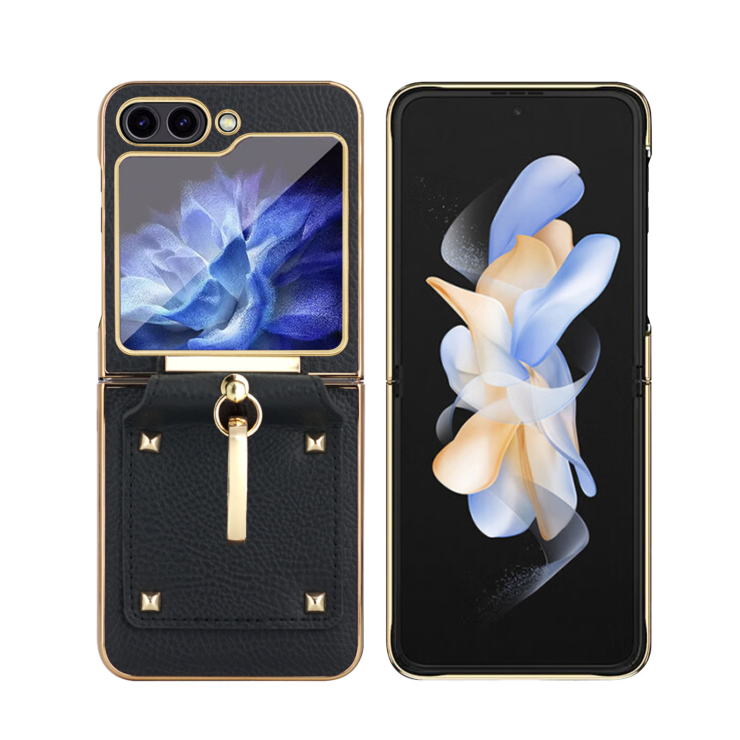 Compatible with Samsung Z Flip 8/7 phone case, 6/5 electroplated leather, ring holder, screen protector, full-coverage drop-proof protective case.