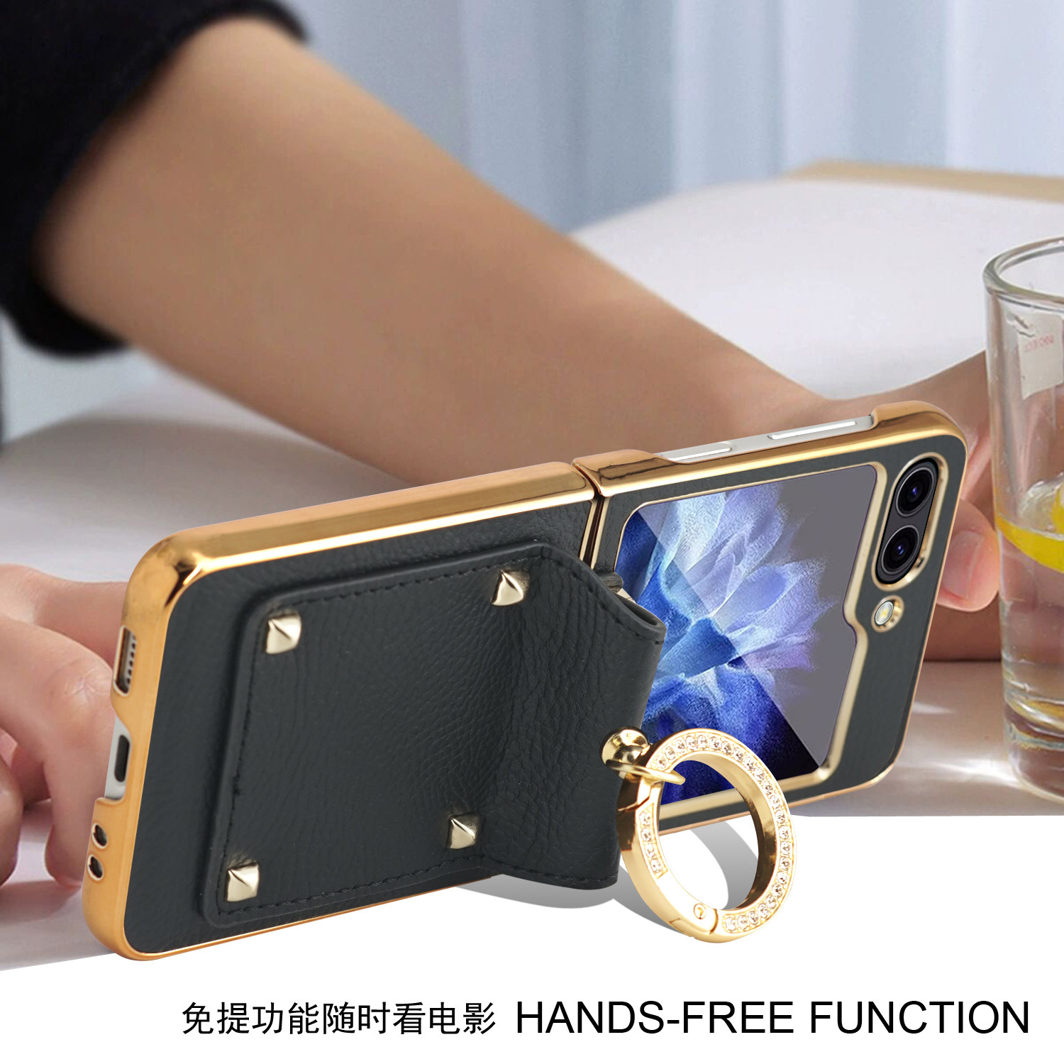 Compatible with Samsung Z Flip 8/7 phone case, 6/5 electroplated leather, ring holder, screen protector, full-coverage drop-proof protective case.