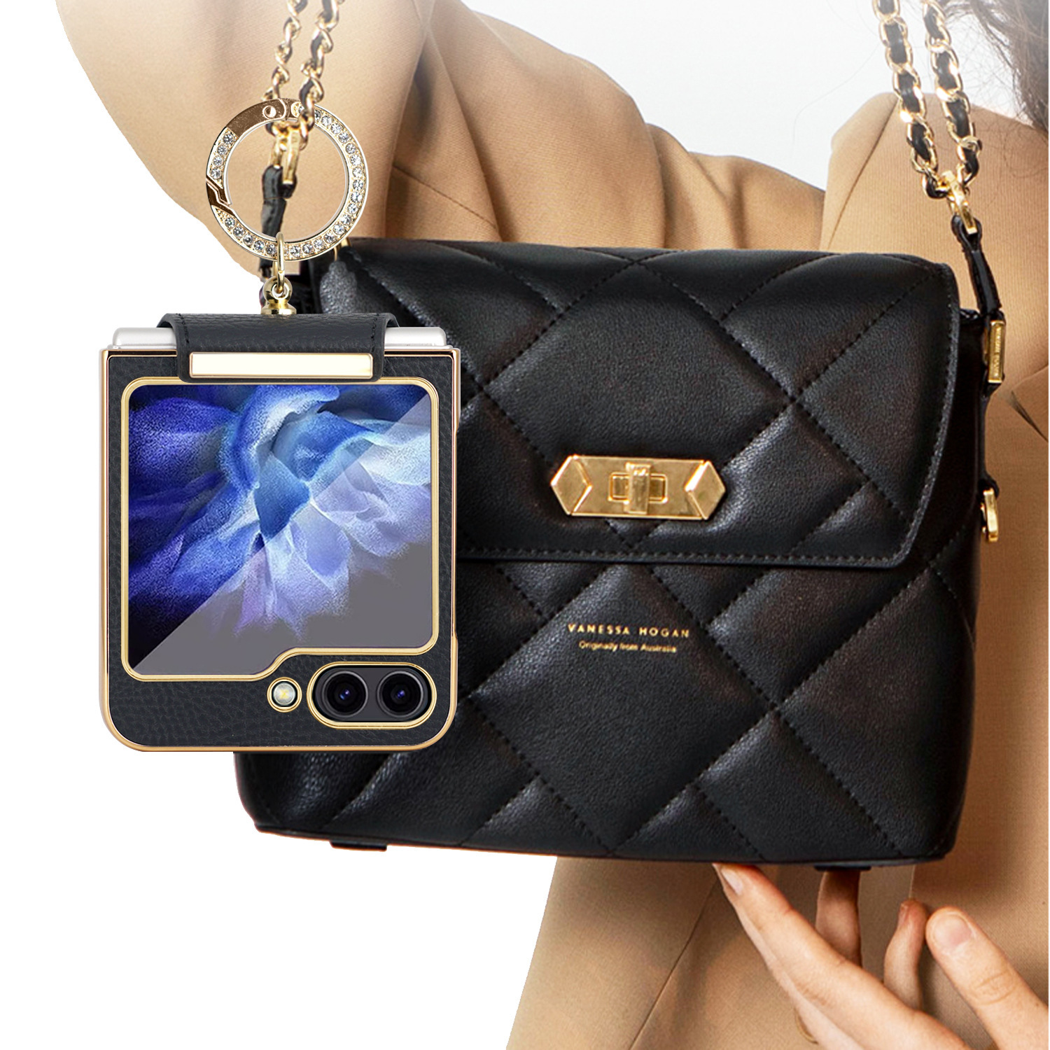 Compatible with Samsung Z Flip 8/7 phone case, 6/5 electroplated leather, ring holder, screen protector, full-coverage drop-proof protective case.