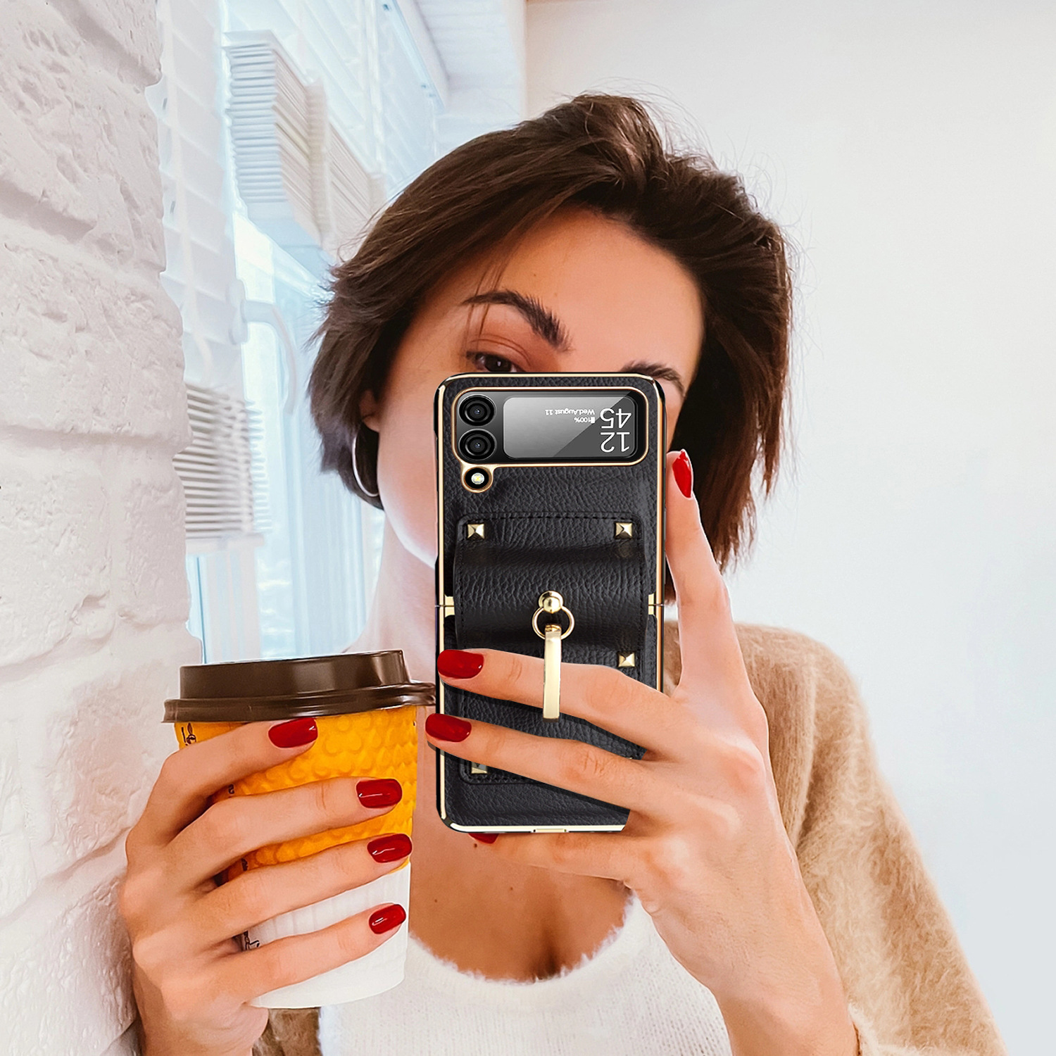 Compatible with Samsung Z Flip 8/7 phone case, 6/5 electroplated leather, ring holder, screen protector, full-coverage drop-proof protective case.