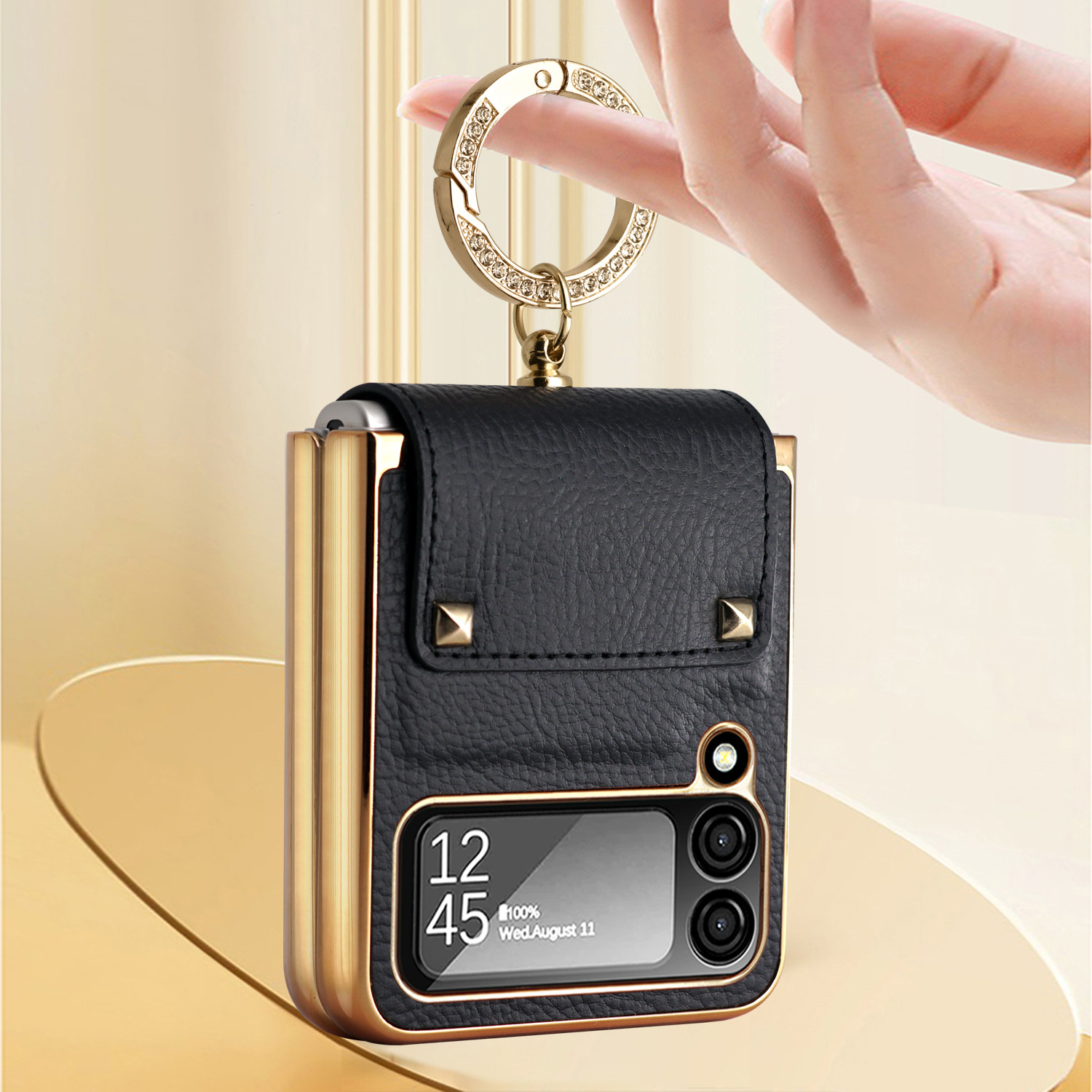 Compatible with Samsung Z Flip 8/7 phone case, 6/5 electroplated leather, ring holder, screen protector, full-coverage drop-proof protective case.