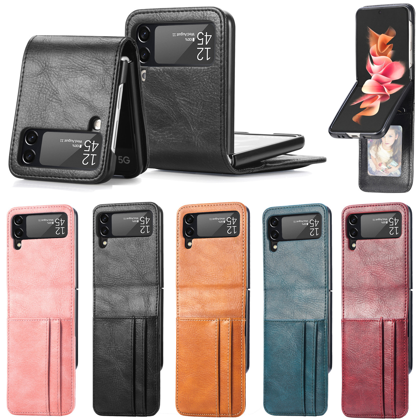 Compatible with Samsung Z Flip3/4/5 and Flip7/6 foldable screen multi-card slot business protective leather case
