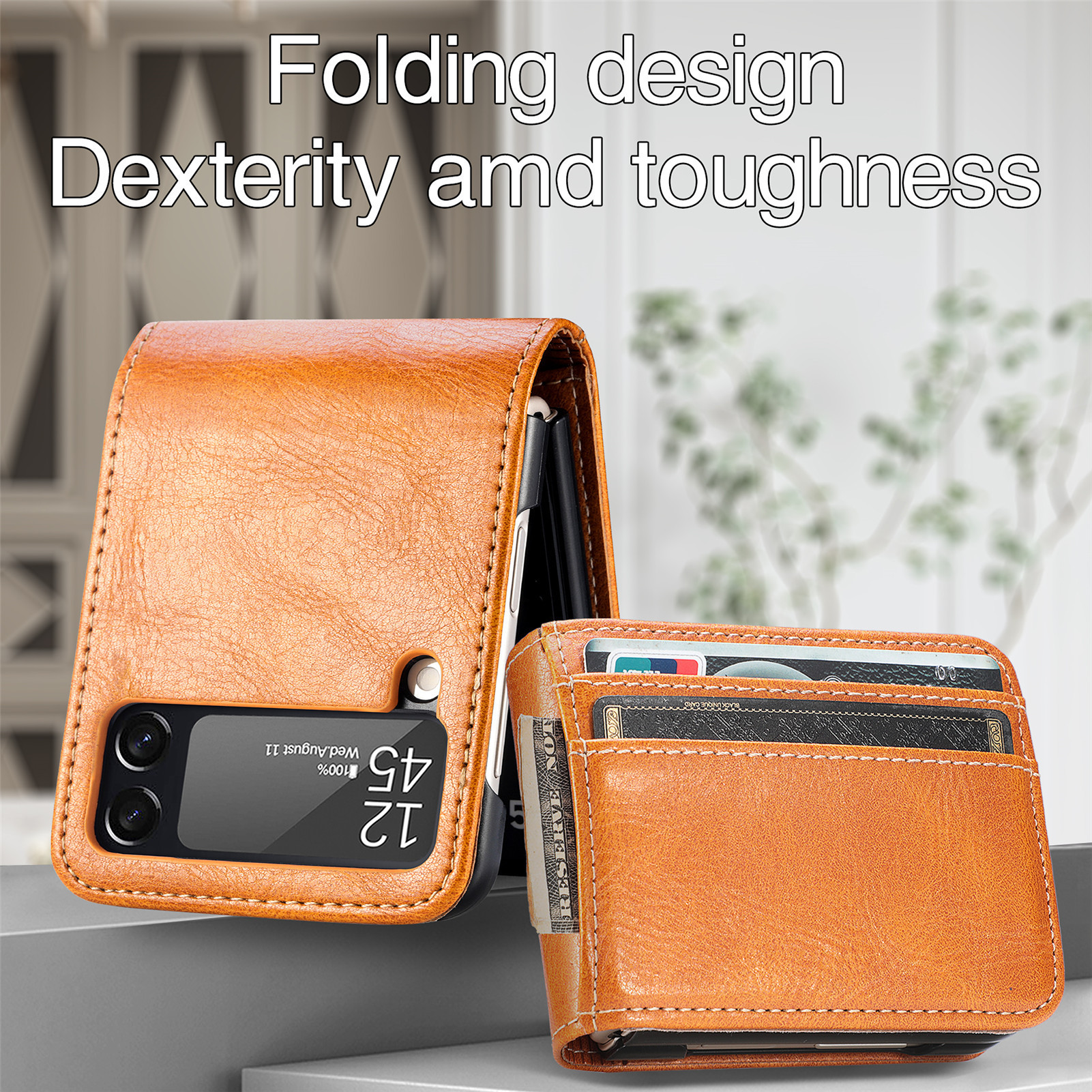 Compatible with Samsung Z Flip3/4/5 and Flip7/6 foldable screen multi-card slot business protective leather case