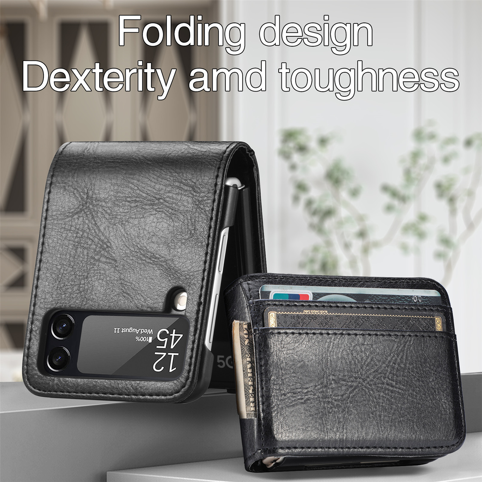 Compatible with Samsung Z Flip3/4/5 and Flip7/6 foldable screen multi-card slot business protective leather case