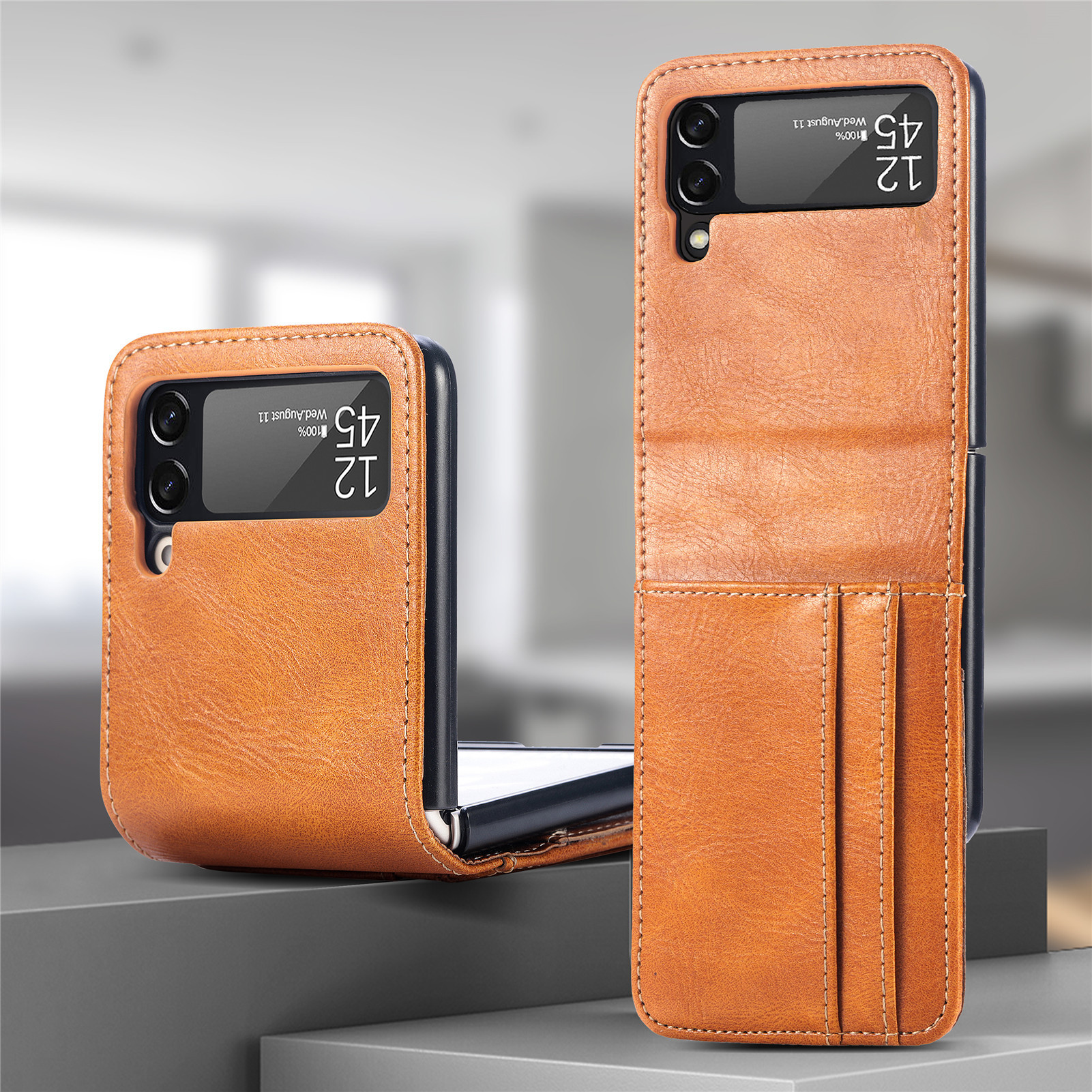 Compatible with Samsung Z Flip3/4/5 and Flip7/6 foldable screen multi-card slot business protective leather case