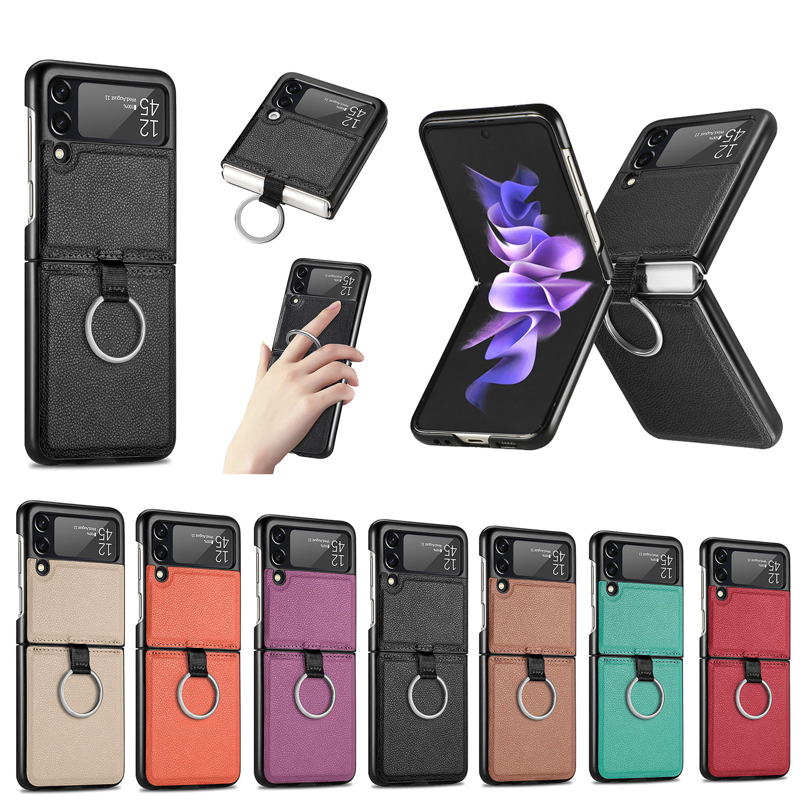 Suitable for Samsung ZFlip 4 phone case, Flip 3 ring integrated folding case, Flip 2 vegan leather PU shockproof protective case