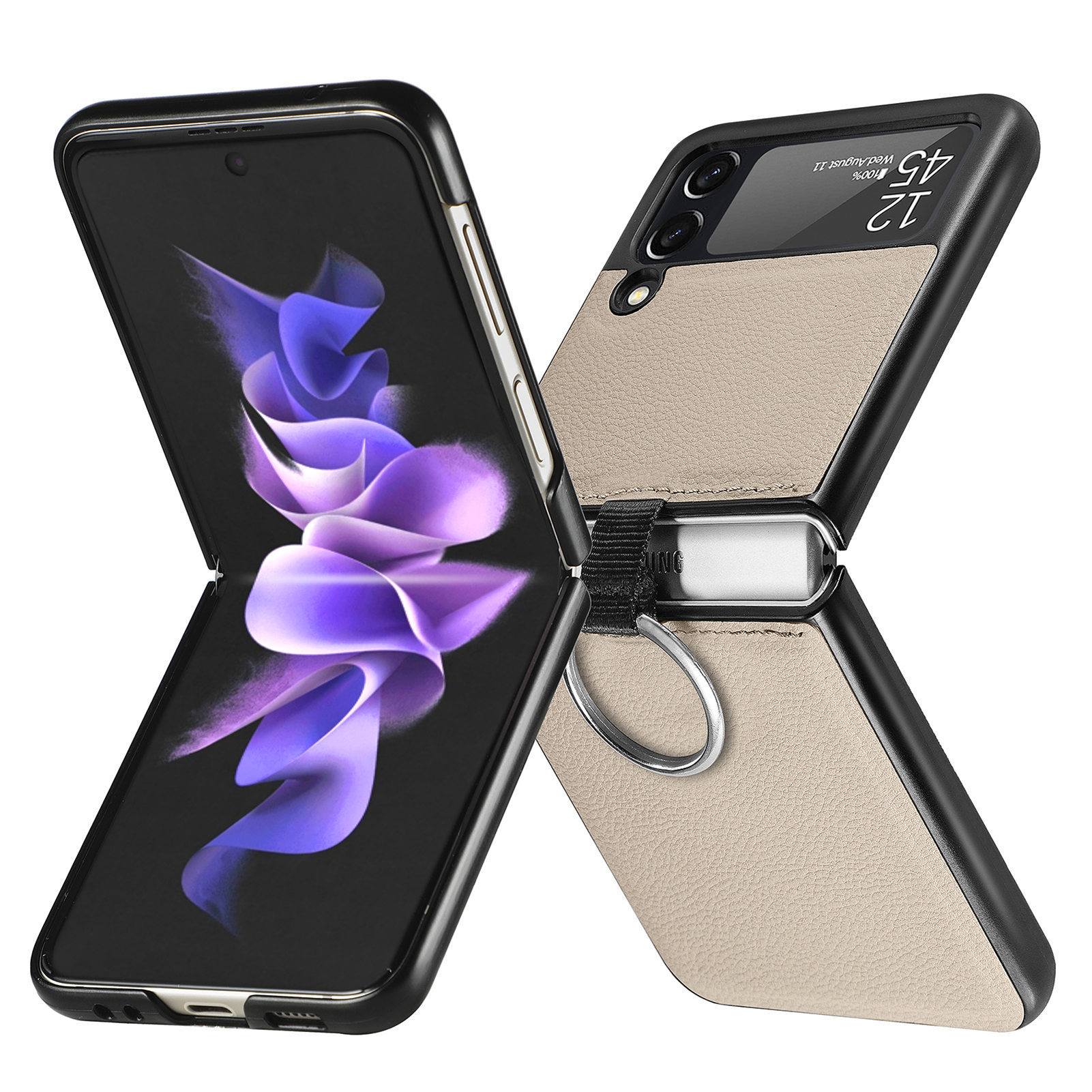 Suitable for Samsung ZFlip 4 phone case, Flip 3 ring integrated folding case, Flip 2 vegan leather PU shockproof protective case