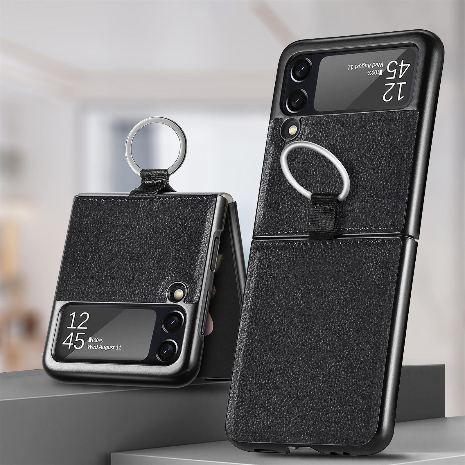 Suitable for Samsung ZFlip 4 phone case, Flip 3 ring integrated folding case, Flip 2 vegan leather PU shockproof protective case