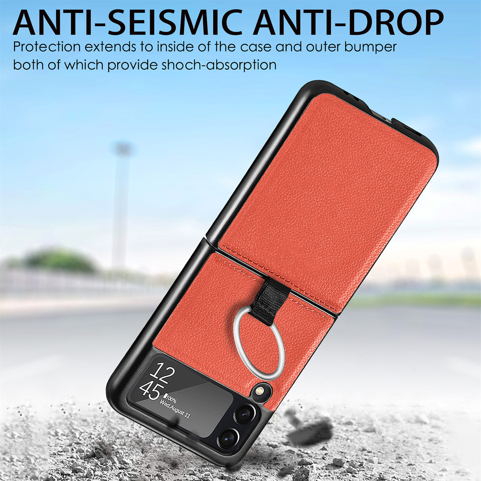 Suitable for Samsung ZFlip 4 phone case, Flip 3 ring integrated folding case, Flip 2 vegan leather PU shockproof protective case