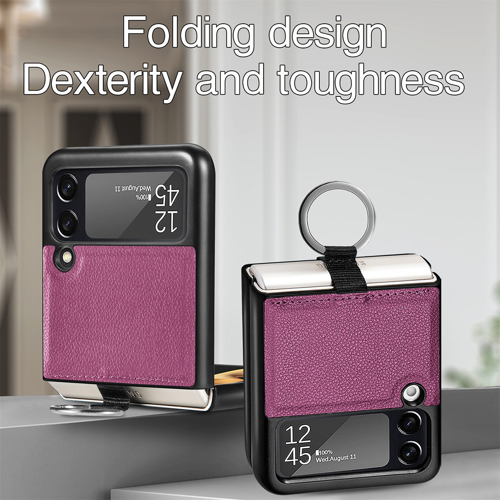Suitable for Samsung ZFlip 4 phone case, Flip 3 ring integrated folding case, Flip 2 vegan leather PU shockproof protective case