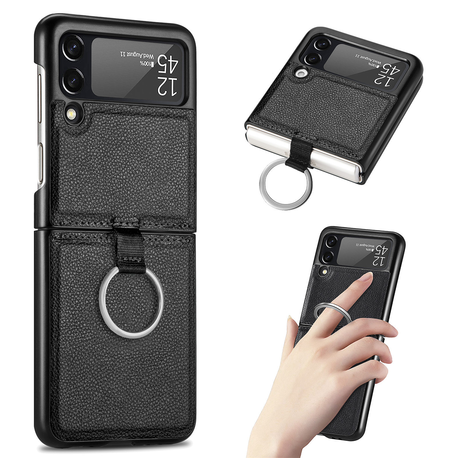 Suitable for Samsung ZFlip 4 phone case, Flip 3 ring integrated folding case, Flip 2 vegan leather PU shockproof protective case
