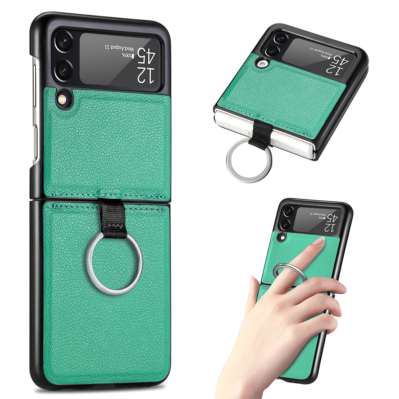 Suitable for Samsung ZFlip 4 phone case, Flip 3 ring integrated folding case, Flip 2 vegan leather PU shockproof protective case