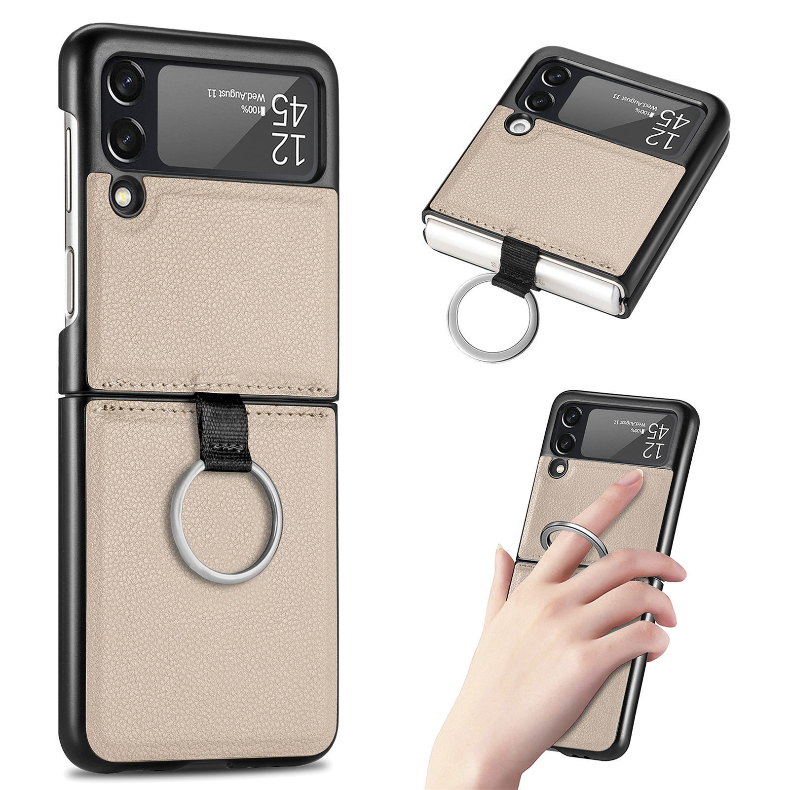 Suitable for Samsung ZFlip 4 phone case, Flip 3 ring integrated folding case, Flip 2 vegan leather PU shockproof protective case