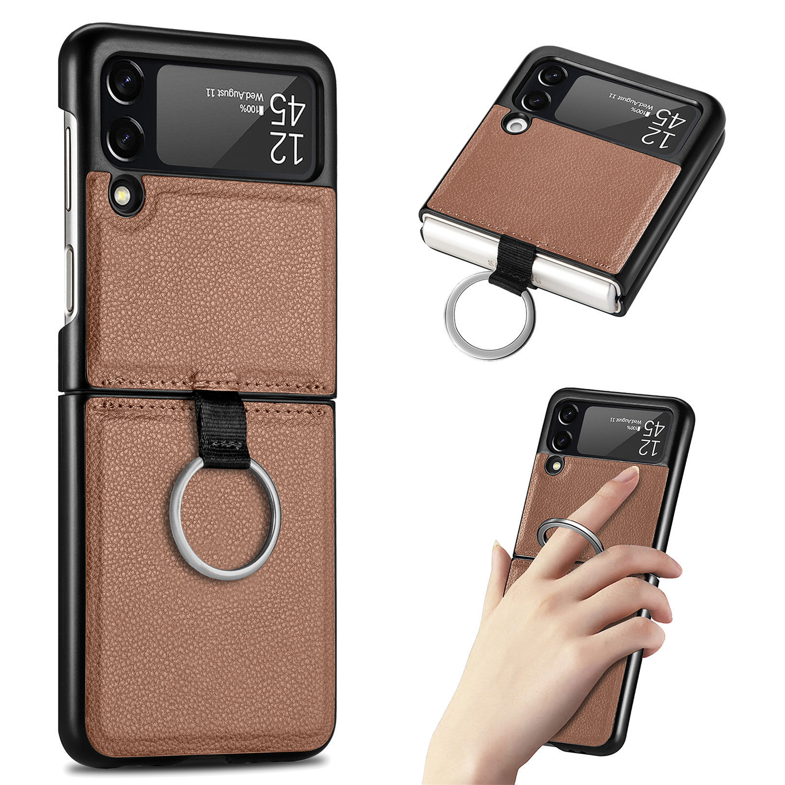 Suitable for Samsung ZFlip 4 phone case, Flip 3 ring integrated folding case, Flip 2 vegan leather PU shockproof protective case