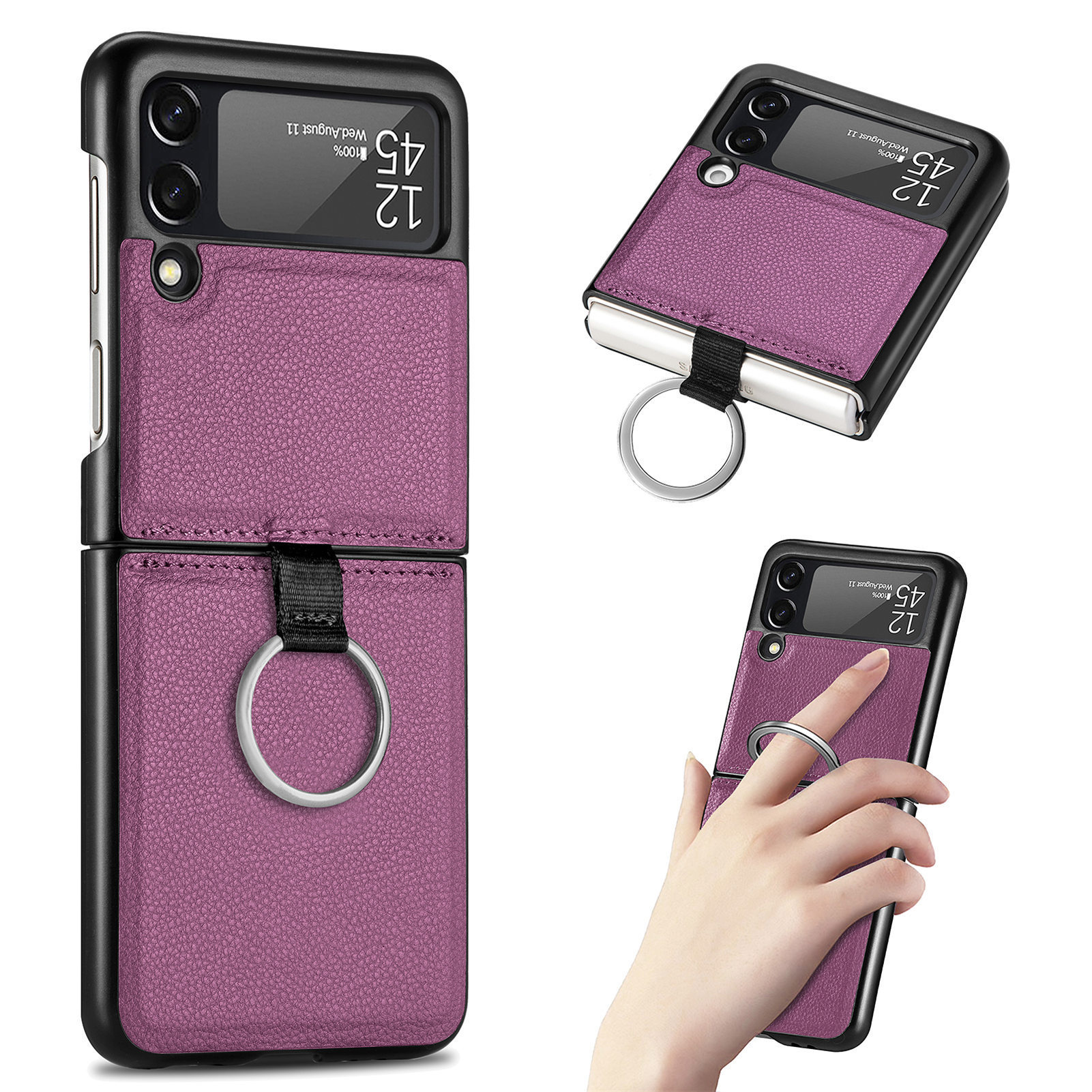 Suitable for Samsung ZFlip 4 phone case, Flip 3 ring integrated folding case, Flip 2 vegan leather PU shockproof protective case