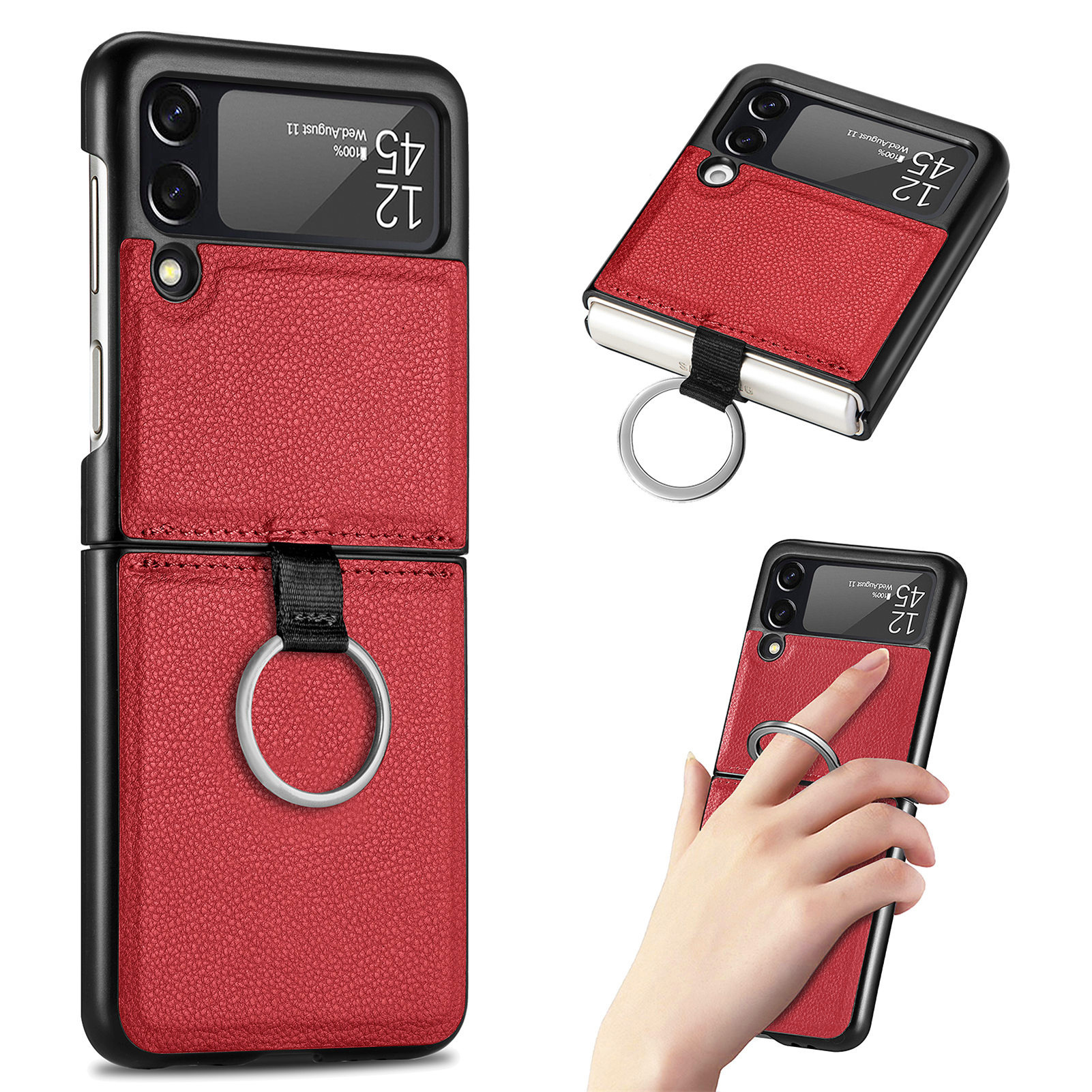 Suitable for Samsung ZFlip 4 phone case, Flip 3 ring integrated folding case, Flip 2 vegan leather PU shockproof protective case