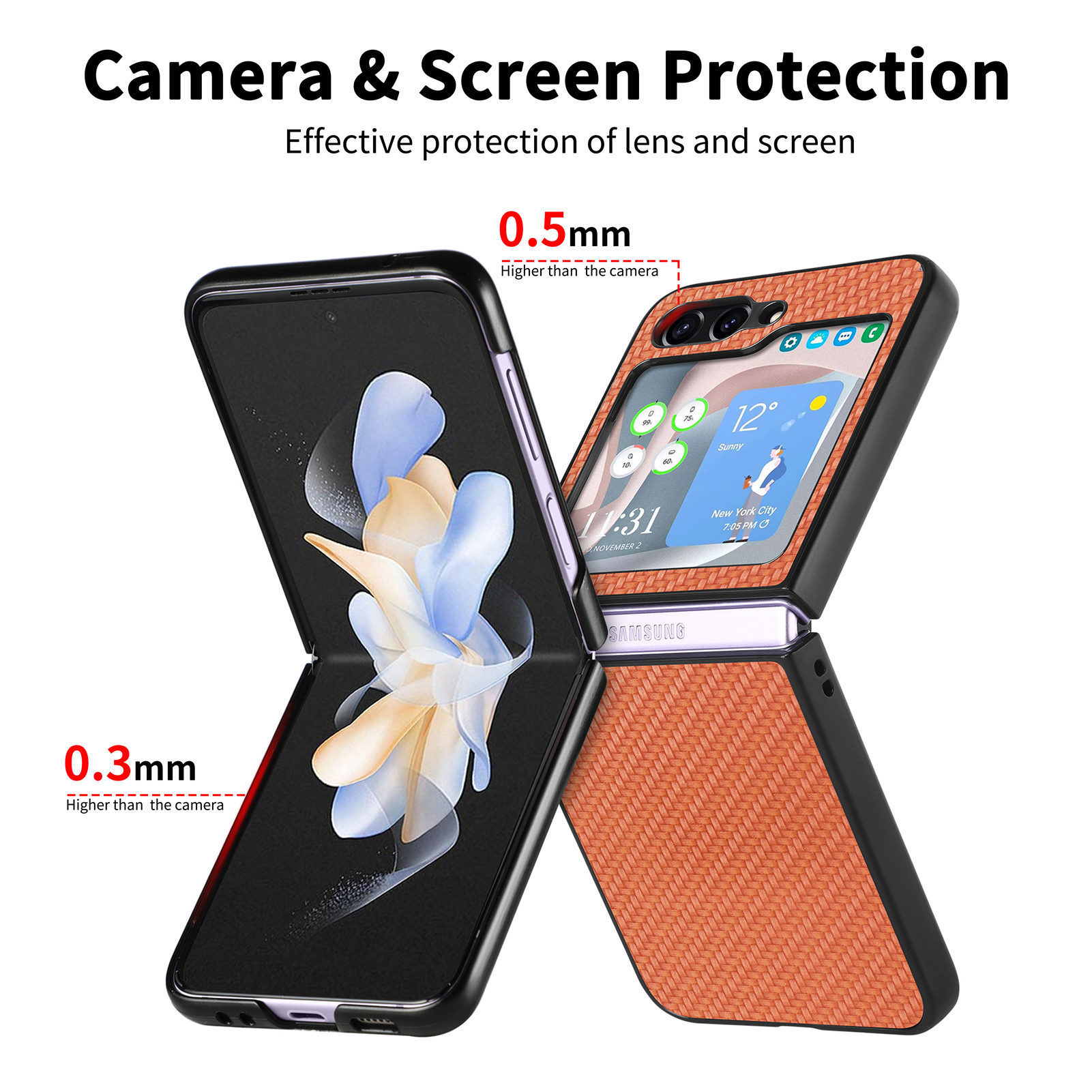 Compatible with Samsung Z Flip 8/7 phone case, 6/5mm fiber textured leather, 4/3mm folding screen, drop-proof protective case, cross-border e-commerce.